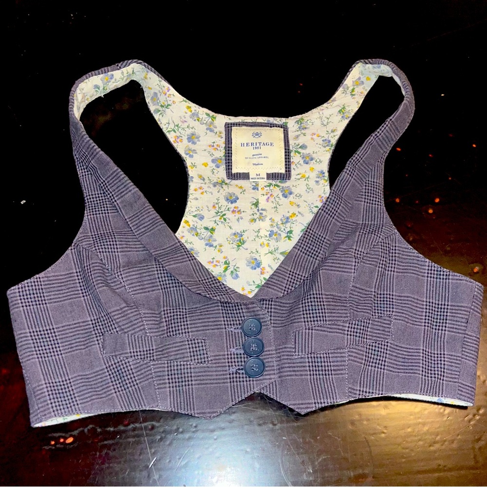 Heritage 1981 fitted cropped grey blue plaid Y2K 3 button vest EUC